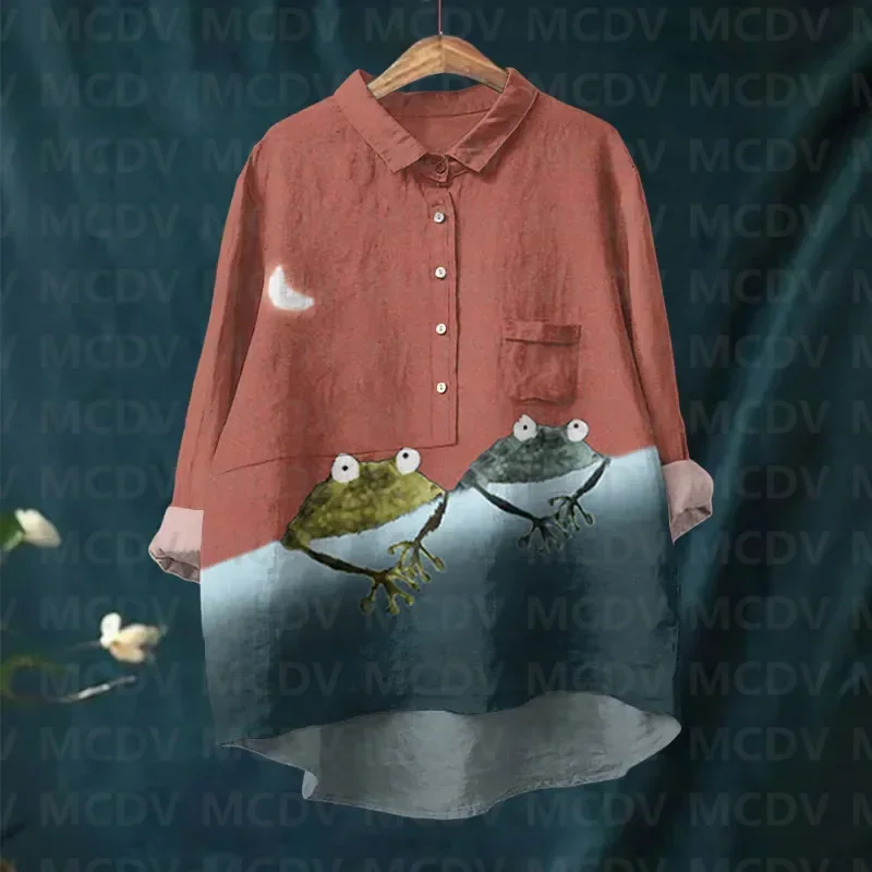 Women's Simple Frog Color Block Art Print Casual Lapel Blouse