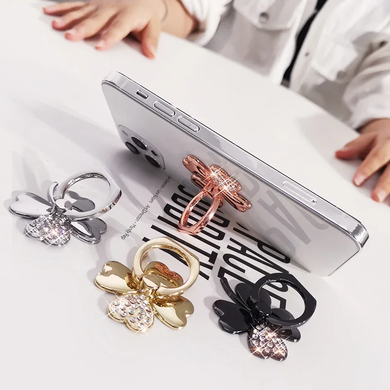 Four Leaf Clover Phone Finger Ring Holder For iPhone Redmi Samsung Crystal Metal Grip Rotation Cellphone Stand Mount Bracket