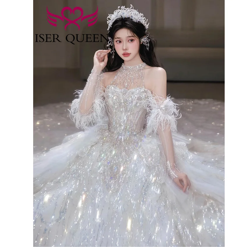 Customized Halter Feather Sleeves 2025 New Fashion Princess Wedding Dress For Ladies Shiny Fabric Luxury Bride Dresses WX0470