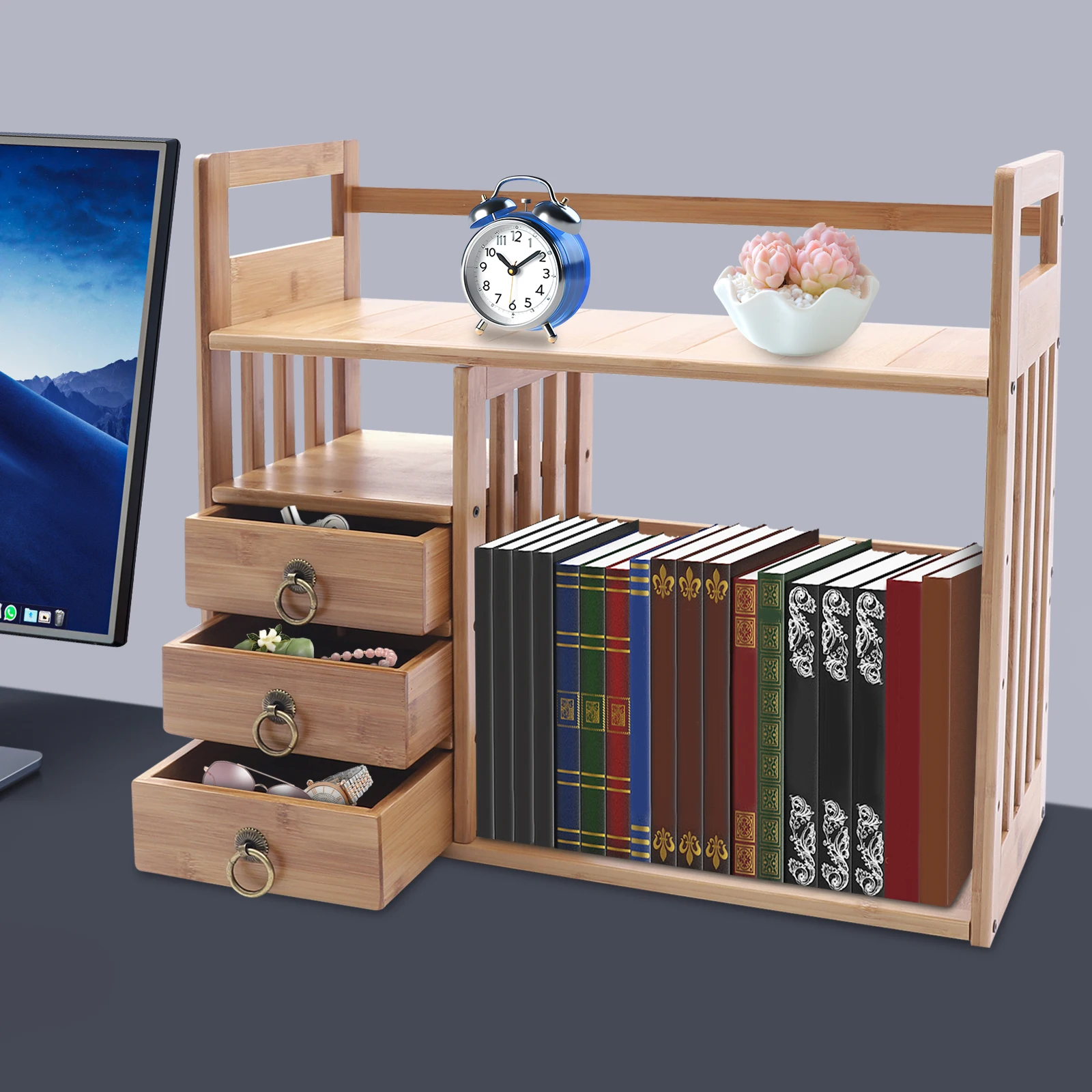 

3 Drawer Desktop Bookshelf,Bamboo Storage Organizer W/ Drawers,Modern Tabletop Shelf File Tray for Office & Home, 55lbs Capacity