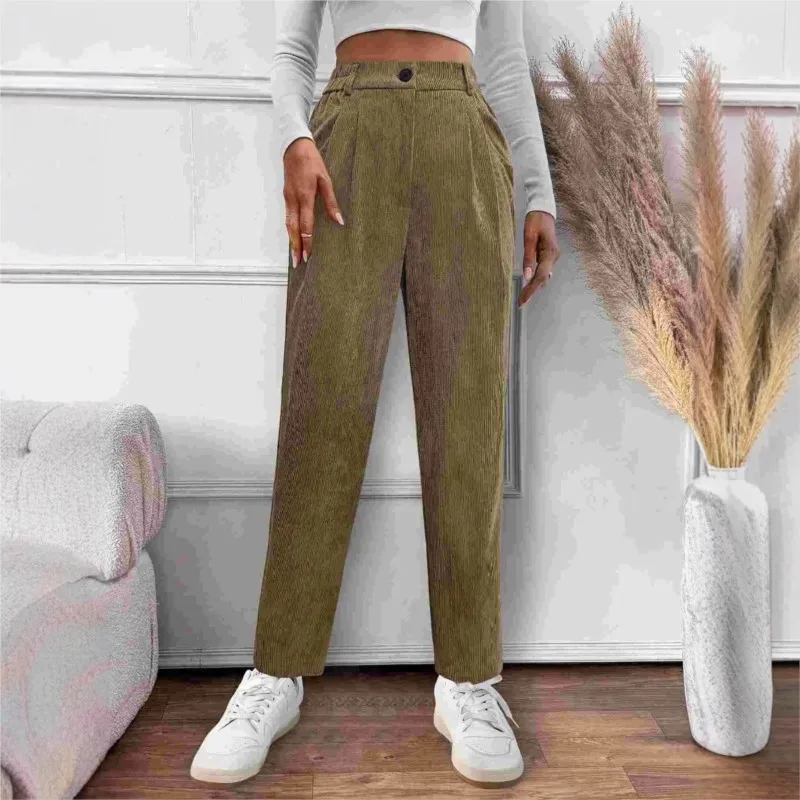 Women's Casual Loose Corduroy Straight Leg Pants With High Waist Button Pocket Khaki Color Autumn New Item Pants For Women 2025