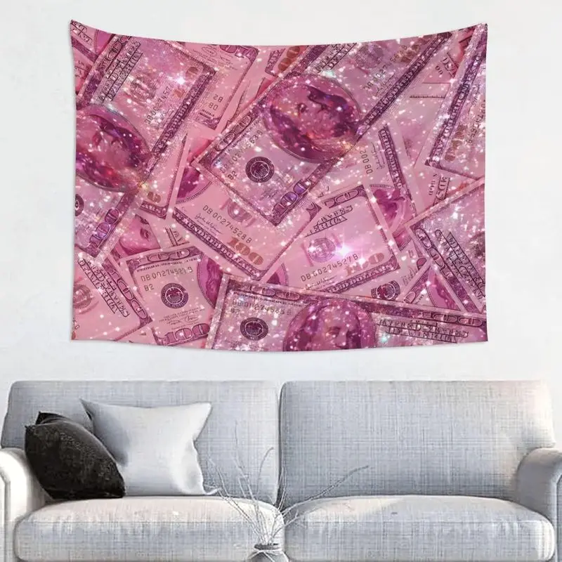VIKAMA Pink Glitter 100 Dollar Bill Tapestry Y2K Money Print Wall Hanging Sparkly Aesthetic Dorm Bedroom Girls Home Decor