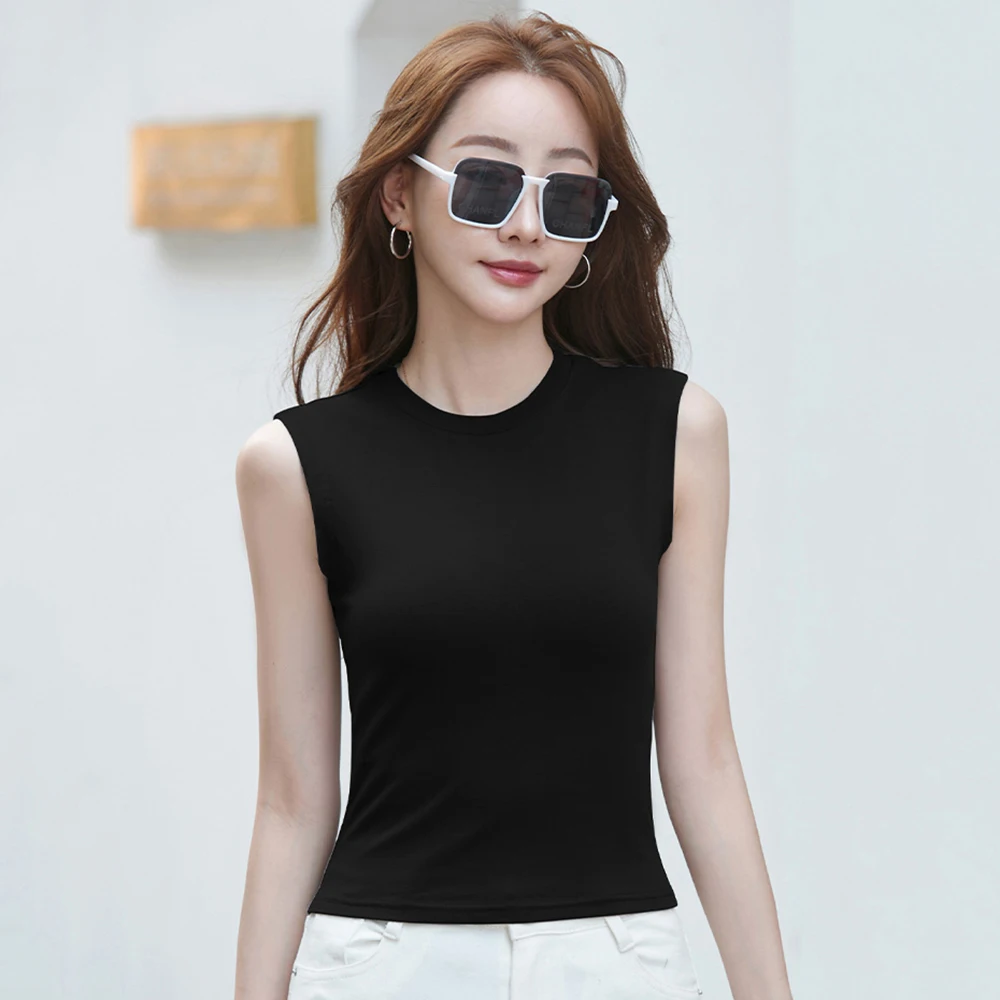 

New Women Summer Sleeveless T-shirt Fashion All-match O-Neck Black Short Vest Simplicity Casual Basic Elastic T-shirt