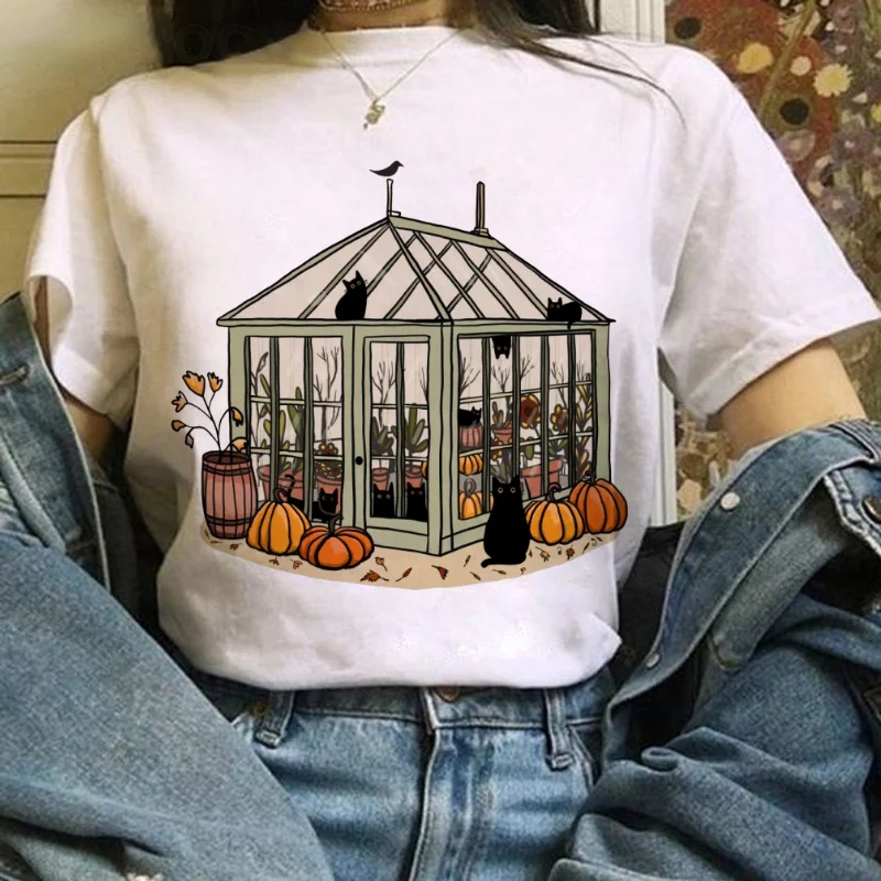 

Black Cat Pumpkin Pattern T-Shirt Short Sleeved Printed Women's Cartoon Casual Top Clothing Cute Kawaii Halloween Autumn T-Shirt
