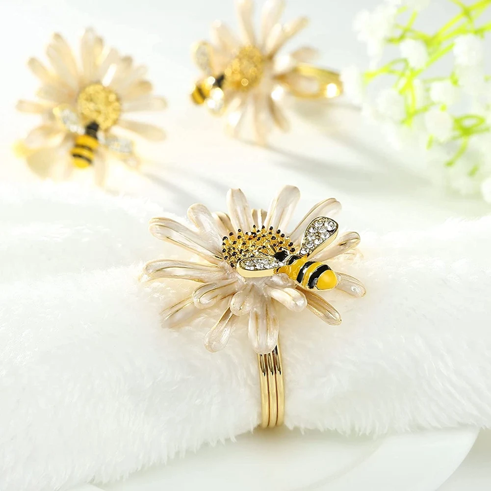 Set of 6 Daisy Sunflower Napkin Rings, Gold Bee Napkin Ring Holders for Formal or Casual Dinning Table Decor