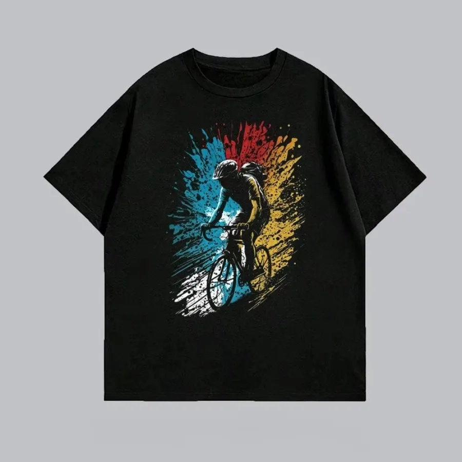 

T-shirt men's summer casual fashion trend round neck short sleeve loose and comfortable cotton cyclist print