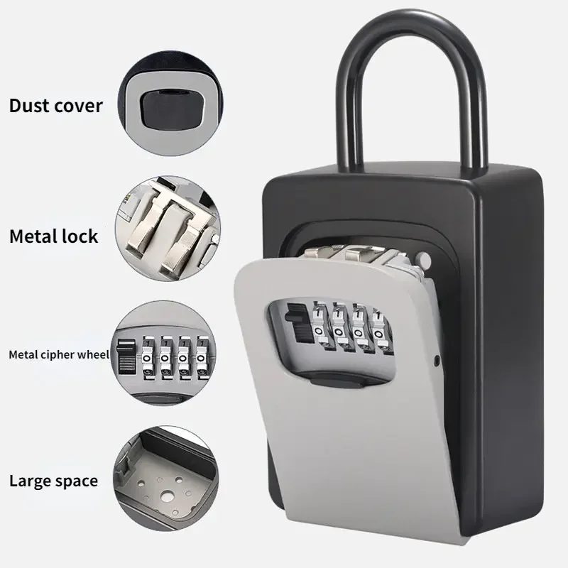 Outdoor Key Lock Box Wall Mounted Aluminum Alloy Key Safe Weatherproof 4 Bit Combination Key Storage Lock Box Indoor