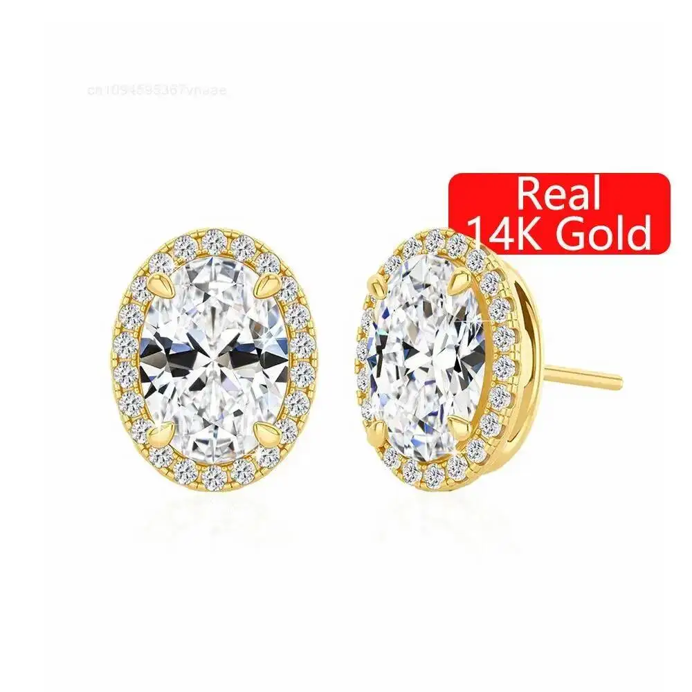

Luxury Style Jewelry Engagement Wedding Gift Hollow 14K Gold Classic Halo 1 Carat Oval Moissanite Woman Stud Earrings