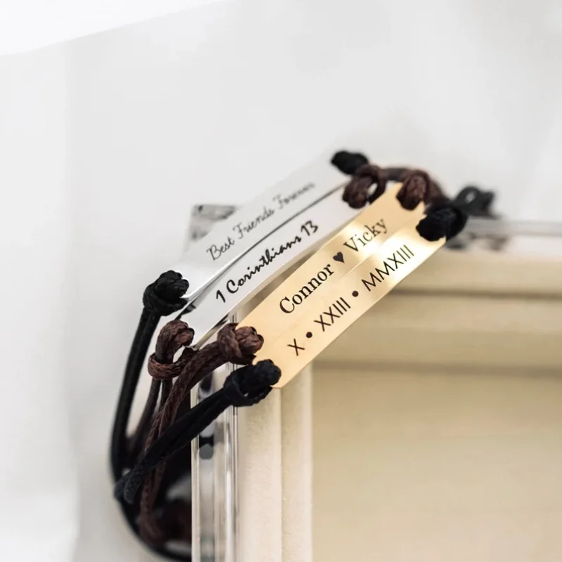 Custom Name Text Engraved Bar Cord Bracelet Personalized Fashion Adjustable Braided Rope Wristband Memorial Gift for Men Women