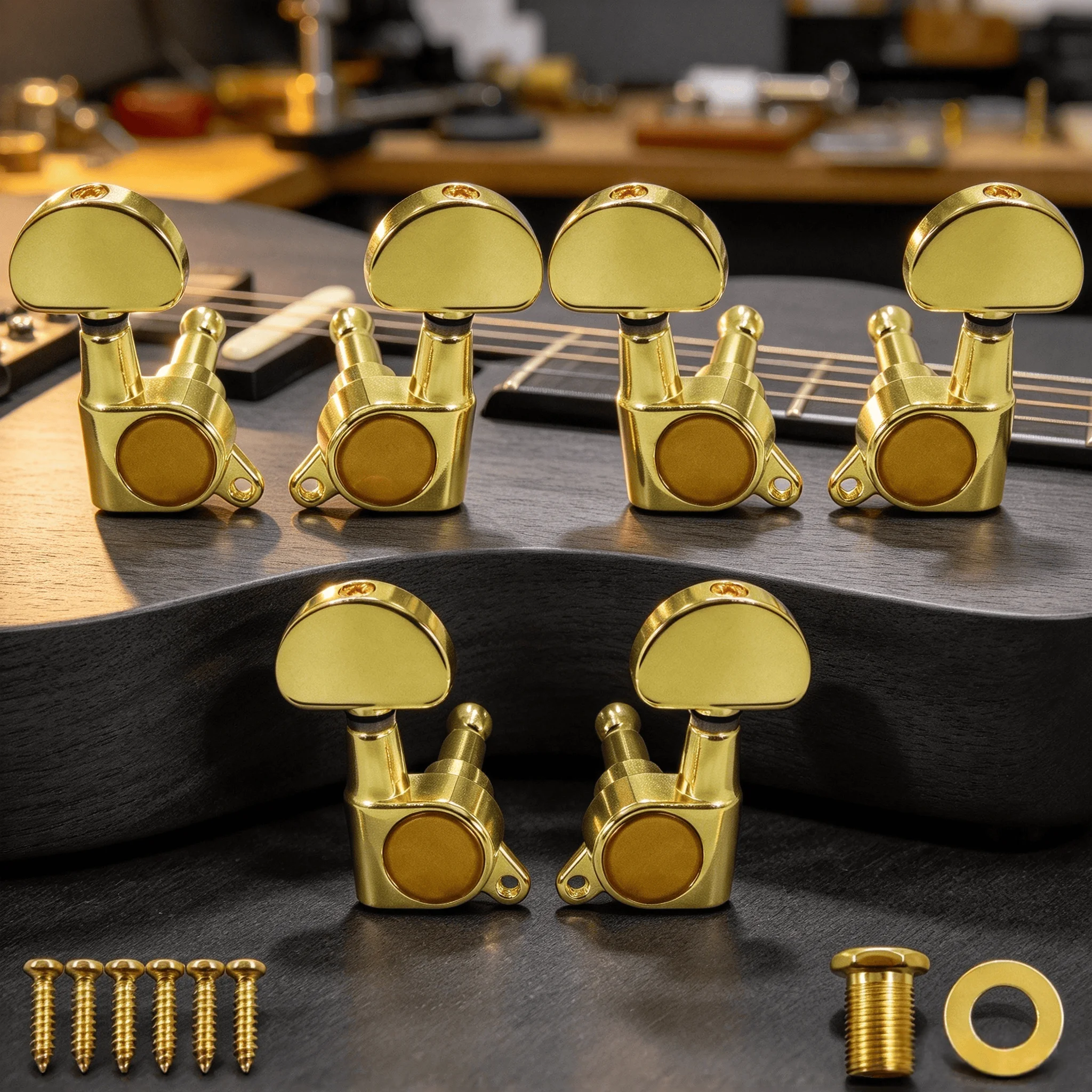 RUKOVA Sealed Gear Guitar Tuning Pegs, Half Round Button Machine Heads, 3 Left 3 Right, for Electric or Acoustic Guitar