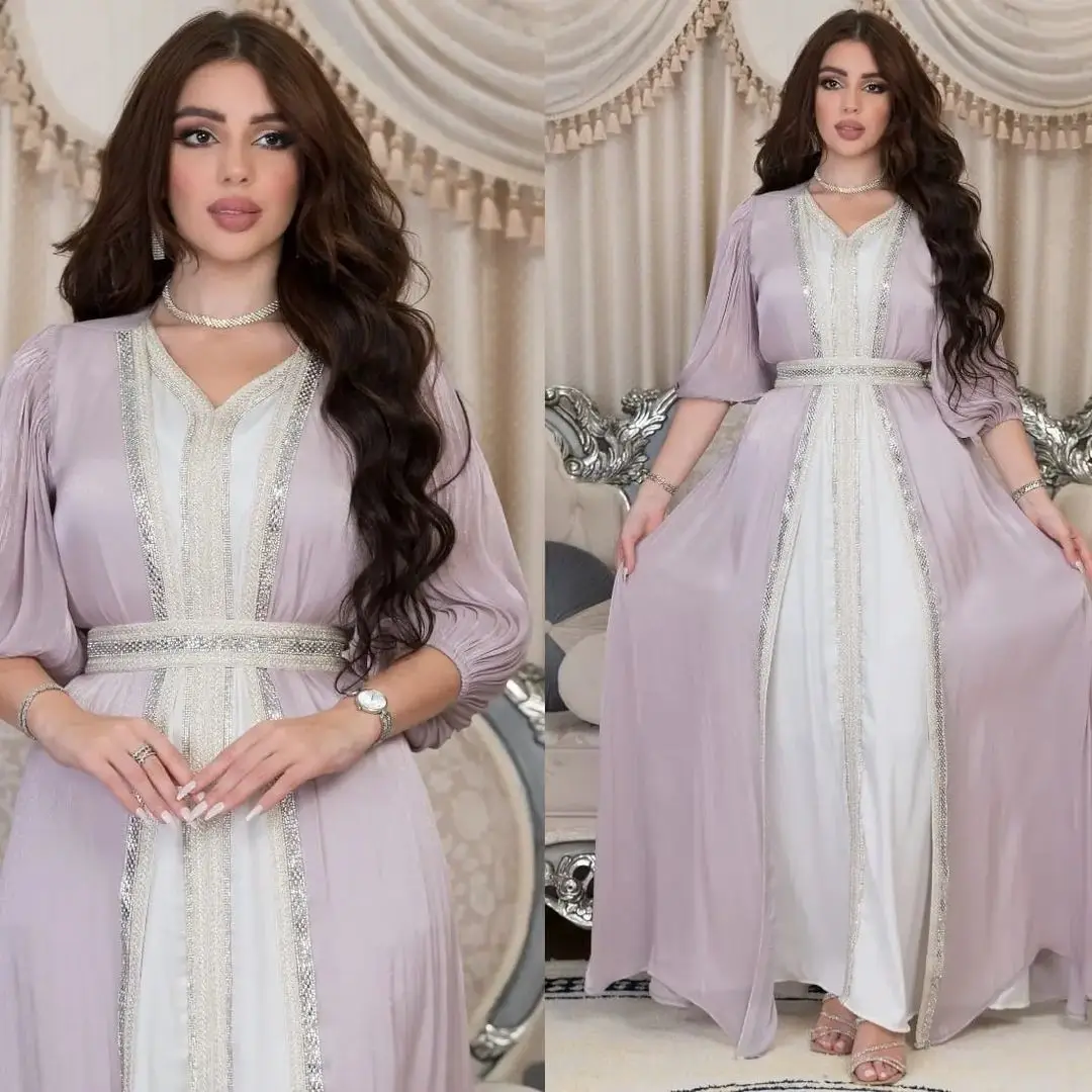 Imagem -04 - Conjunto Muçulmano Abaya Vestido Formal para Mulher Ramadan Elegante Femme Jalabiya Robe Eid Marroquino Kaftan Islâmico Turquia Roupas Peças