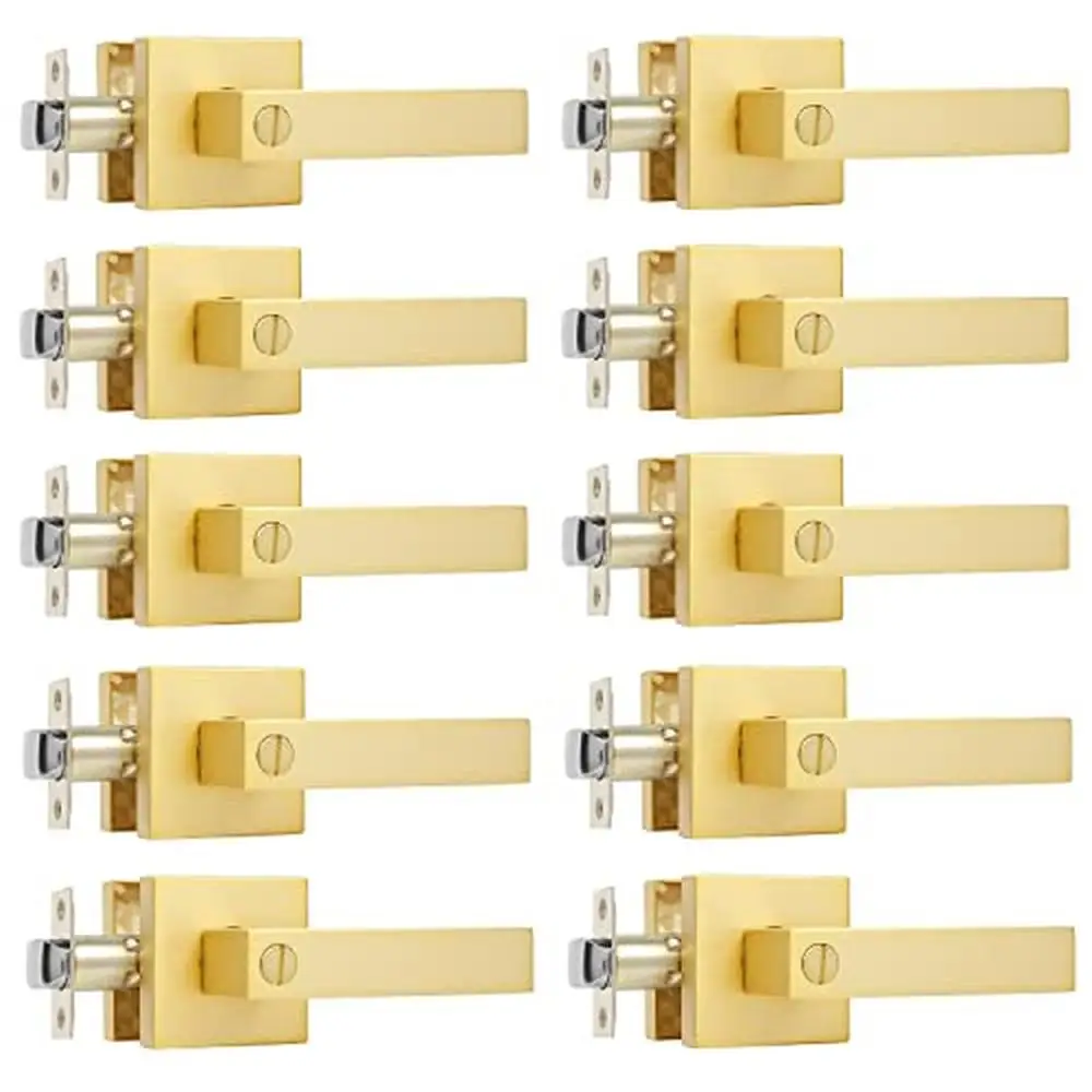 Privacy Keyless Door Lever Set 10 Pack Modern Square Handle in Satin Brass Bedroom Bathroom Left/Right Handing Easy Install Safe