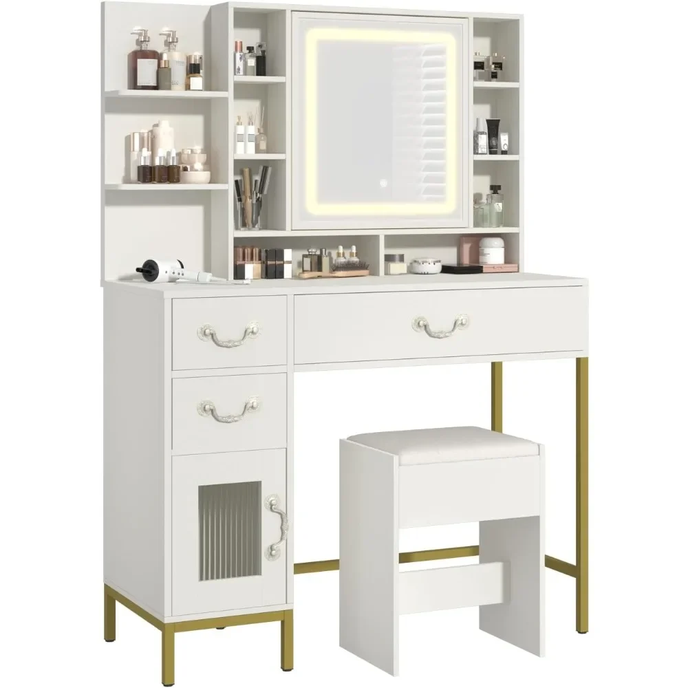 

Makeup Vanity with Mirror and Lights, Vanity Desk with Charging Station & Upholstered Stool, Vanity Table Set with 3 Drawers,