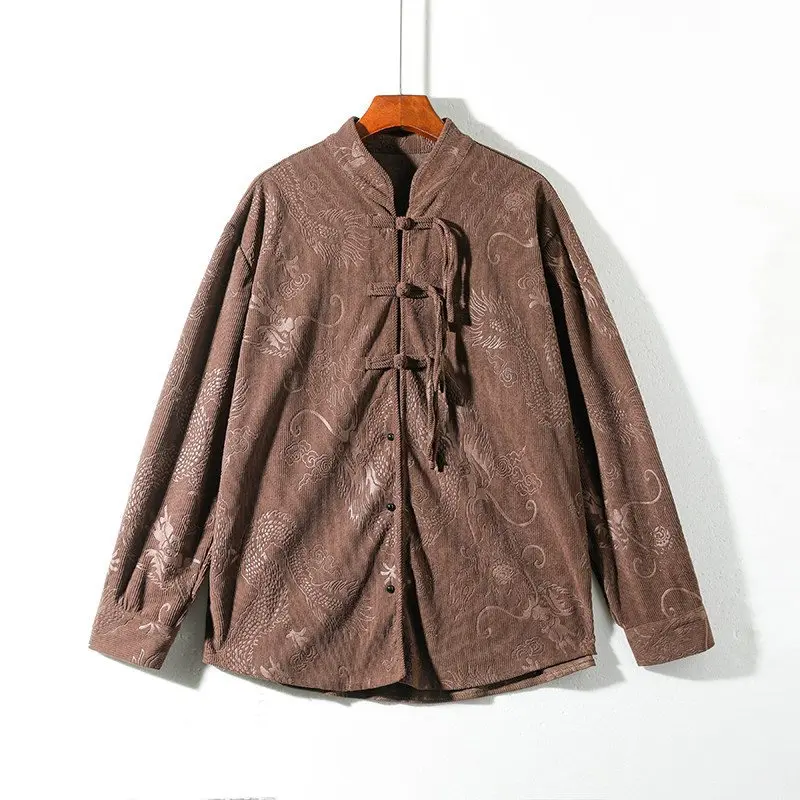 

Новая китайская мужская рубашка-куртка из вельвета с длинными рукавами, воротником-стойкой, тонкая верхняя одежда с узором дракона и пуговицами