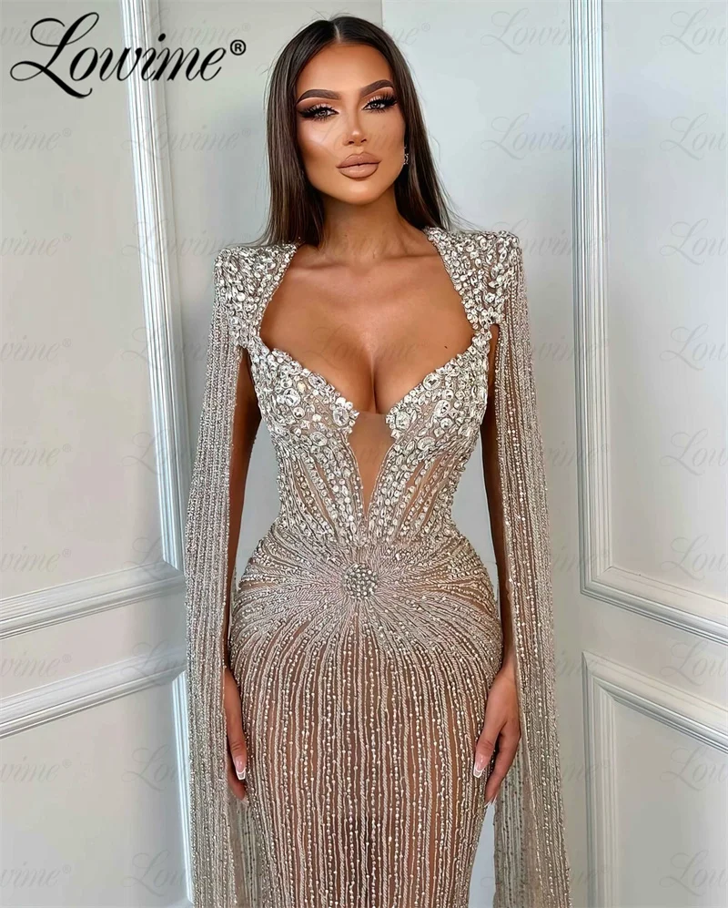 

2024 Dubai Design Champagne Evening Dress Cape Sleeve Heavy Beads Sequined Customize Prom Dress Arabic Mermaid Celebrity Dresses