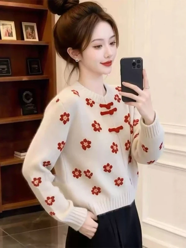 

Новый китайский свитер с красным цветочным узором для женщин, модный весенний трикотажный топ с круглым вырезом, длинный рукав, новинка