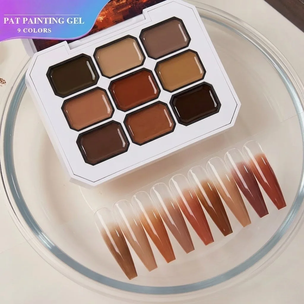 9 Shades Retro Caramel Brown Solid Cream Gel Palette Sunset Oil Painting UV Soak Off Gel Free Nail Brush Autumn Winter Nail Salo