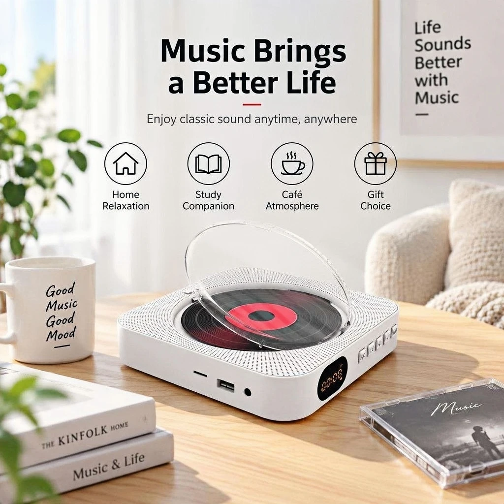 Lettore CD portatile da parete con altoparlanti Bluetooth, telecomando, radio FM, slot TF, USB, MP3, batteria, per decorazione domestica