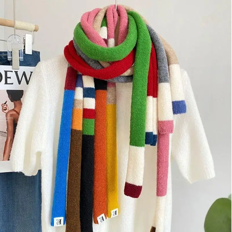 

Y2K Striped Scarf Harajuku Knitted Slim Narrow Women's Scarves Decoration Thickened Neck Warmer Long Tie Scarf Neckerchief