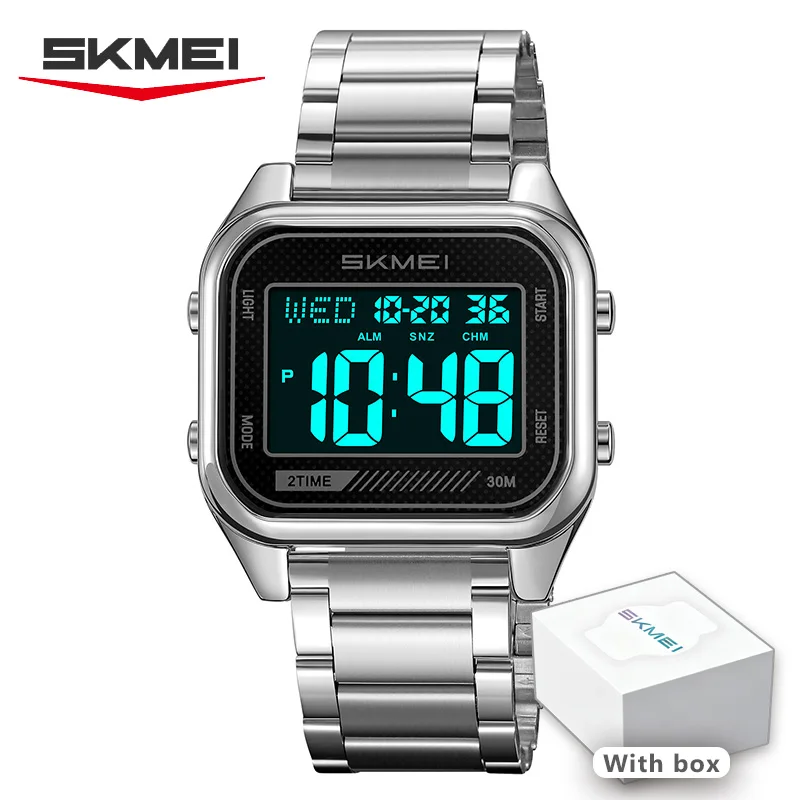SKMEI 럭셔리 비즈니스 남성 디지털 시계 스테인레스 스틸 카운트다운 스톱워치 손목 시계 패션 전자 운동 시계 2478