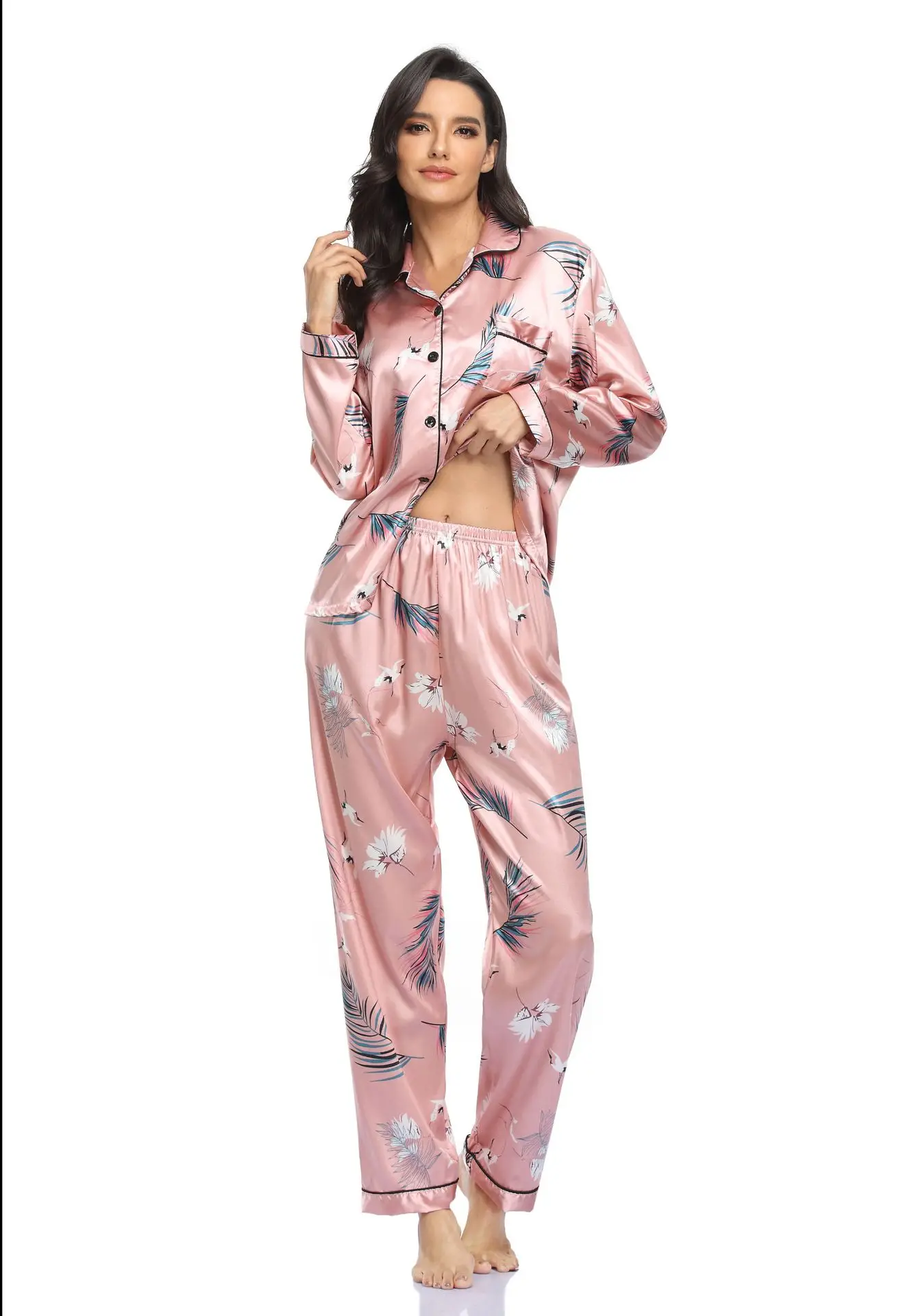 Stretch Satin Leopard Printed Home Pink Striped Comfortable Casual Simple Soft Breathable Long Sleeve Polka Dot Women\'s Pajamas