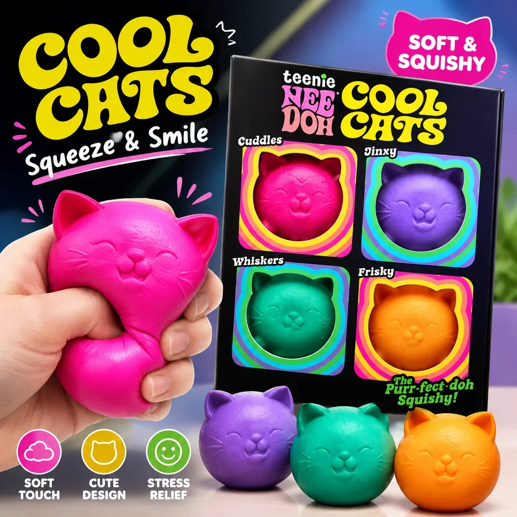 Needoh Cat Head Squishy Toy Gift Box Mini Fingertip Soft Cute Sensory Stress Relief Squeeze Fidget Toy for Kids Adults Gifts