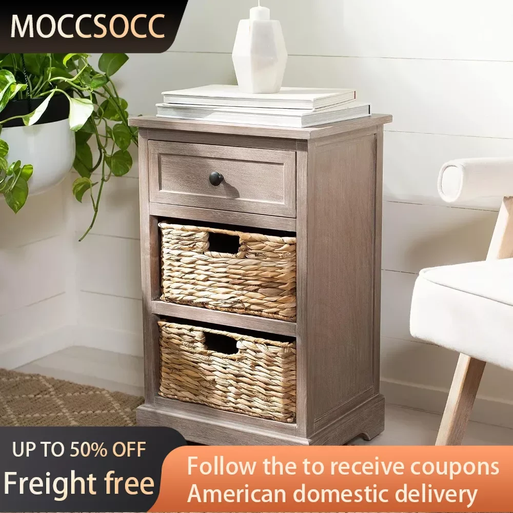Home Collection White Wash/ Natural Wicker 3-Drawer Storage Nightstand Side Table (Fully Assembled) Freight Free Night Tables