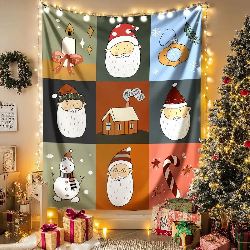 VIKAMA Retro Christmas Wall Tapestry Cartoon Santa Claus Snowman Backdrop Polyester Wall Hanging Retro Bedroom Dorm Home Decor