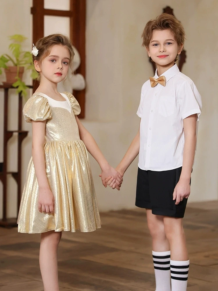 

Brother And Sister Twins Boys Shirt Shorts Bowtie Wedding Suit Girls Golden Shiny Evening Dresses Children Performance Costume
