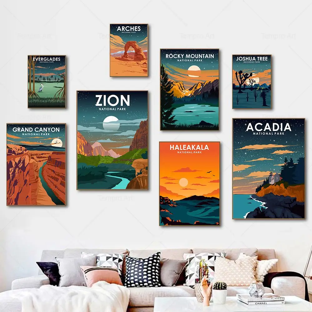 Póster en lienzo de paisaje de Parque Nacional de ciudad de viaje Vintage, Monumento de Zion Sequoia, arcos del valle, impresiones, imagen artística de pared, decoración del hogar