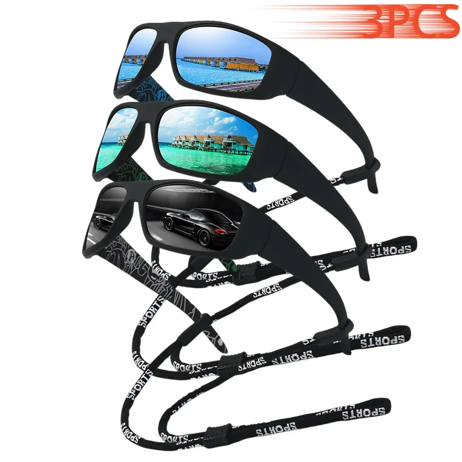 3 Stück mit Kette, modisches Muster, Sport-Sonnenbrille für Damen und Herren, Radfahren, Kletterbrille, Outdoor-Schutzbrille