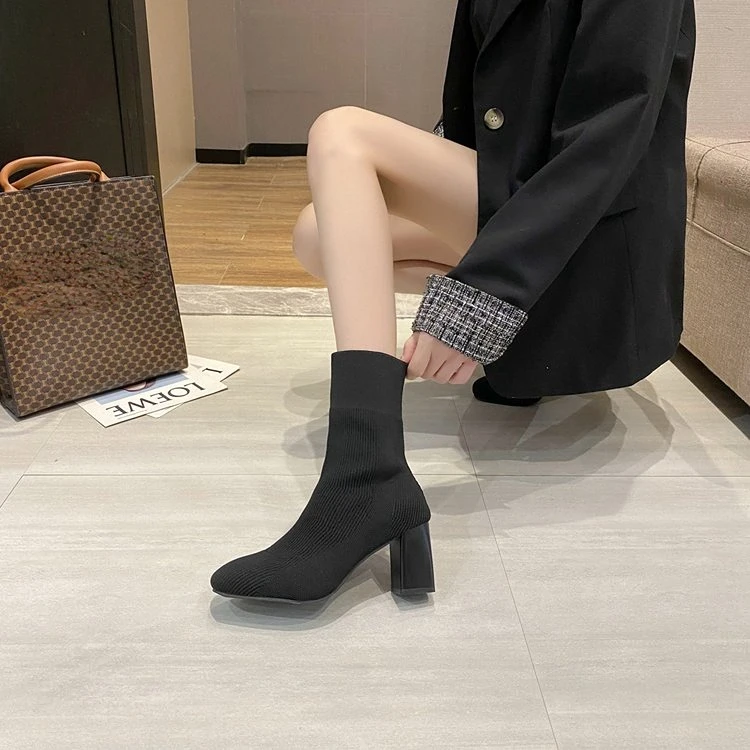 2023 Women Over The knee High Long Boots Block High Heels Short Ankle Knitted Boots Stripper Winter Warm Sock Stretch Sexy Shoes