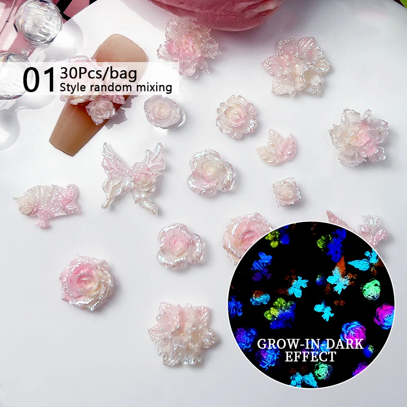 3D Shiny Pink Flower Butterfly Nail Art Charm Glitter Grow In Dark Effect Nail Decoration DIY Luxury Manicure Nails Accessories