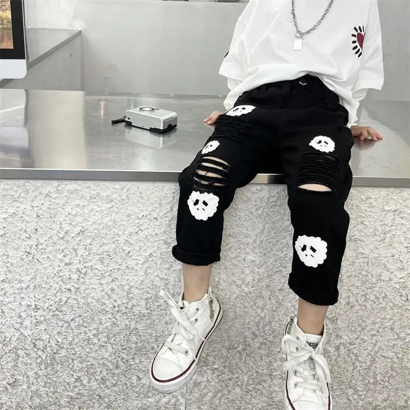 Spring Summer Children's Pants New Girls Slim-fit Stretch Trousers Kids Pants Fashion Ripped Boys Pants 2-7 Years