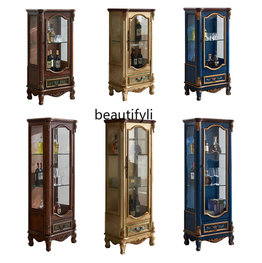 

European-Style Solid Wood Wine Cabinet Glass Curio Cabinet American Country Living Room Storage Height Low Cabinet