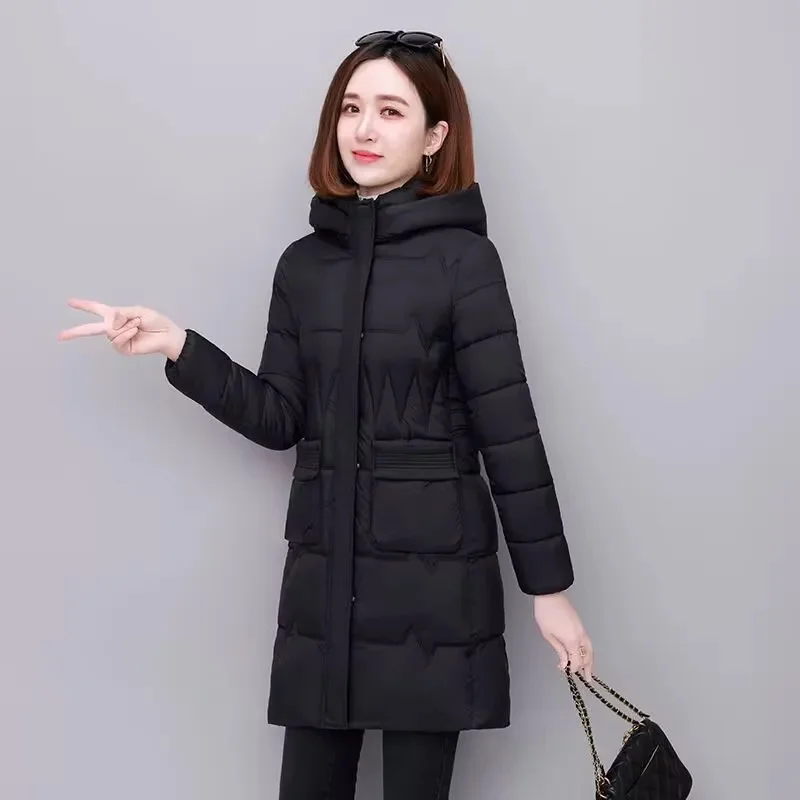 

Осенне-зимнее пальто, женская мода, тонкая пуховая хлопковая куртка с капюшоном для мамы среднего возраста, повседневная однотонная теплая толстая верхняя одежда, парка средней длины