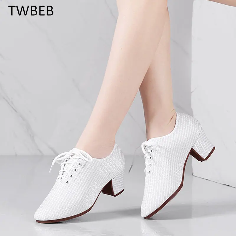 Ballroom Women Breathable Soft Bottom Latin Dance Shoes Lady Modern Tango Shoes Girl Dance Sneaker Jazz Heeled Shoes 3.5/5cm