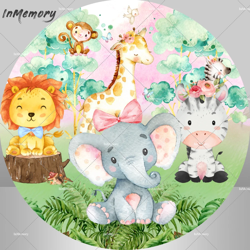 Safari Baby Shower Round Backdrop for Kids Party Decoration Cartoon Animals Cow Elephant Birthday Background for Photo Studio