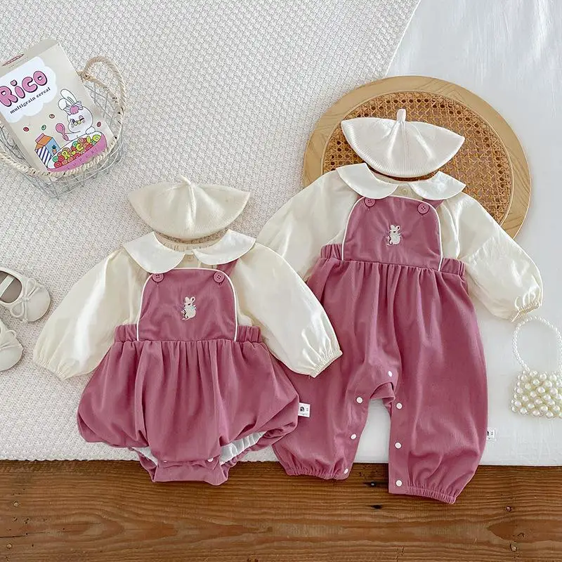 2024 Baby Girl Two Piece Set Newborn Autumn Korean Children Clothing Baby Girls Solid Color Shirt Suspender Pants Cute Clothing