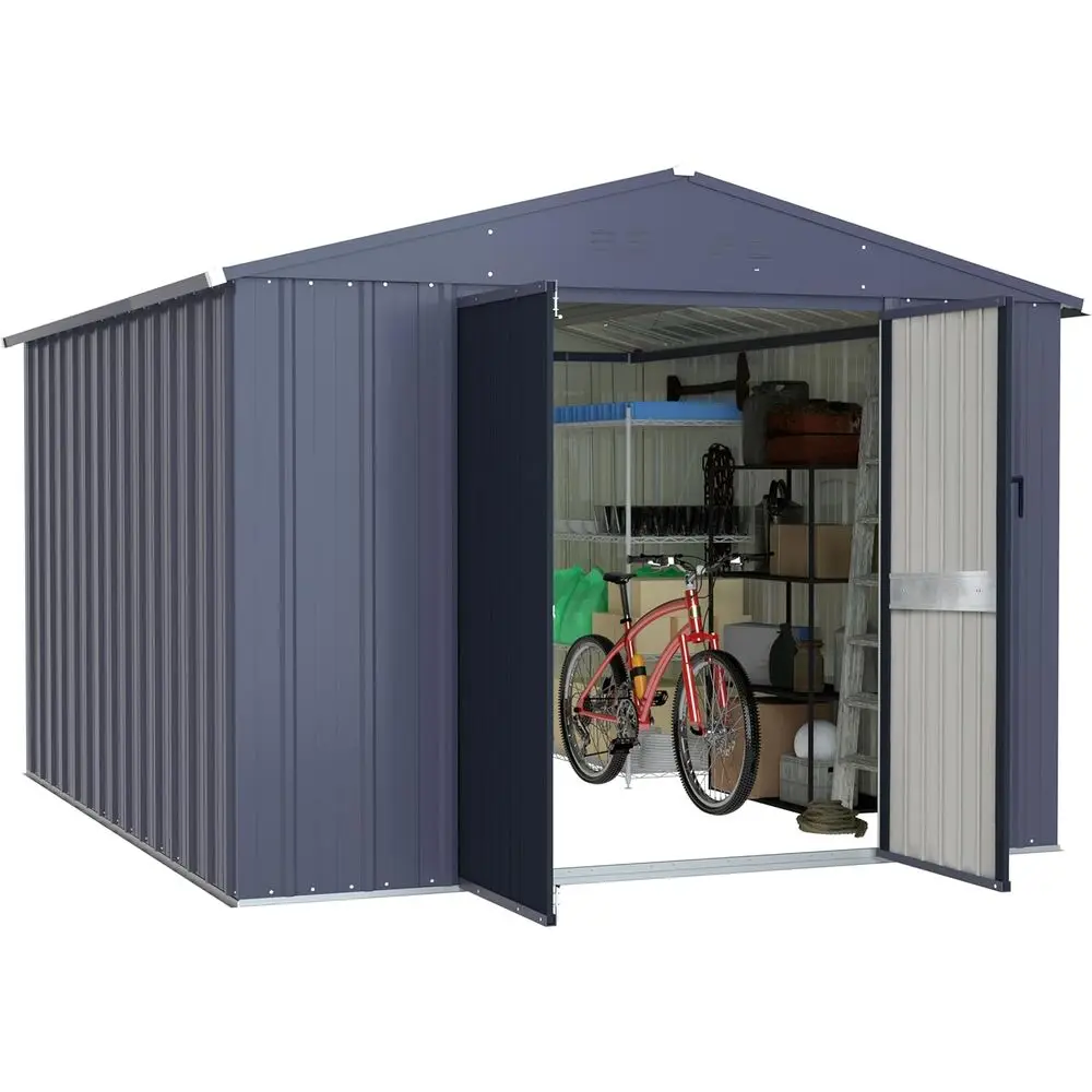 

10ft Outdoor Metal Shed with Double Slope Roof, Lockable Door, Vents, for Garden Tools and Patio Storage, Grey