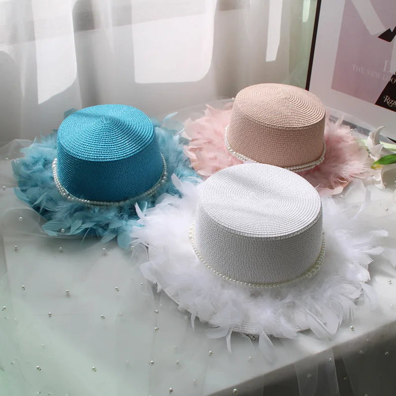 

Original design handmade ostrich hair pearl grass braid flat top hat Light luxury elegant girl beach holiday sunscreen visor