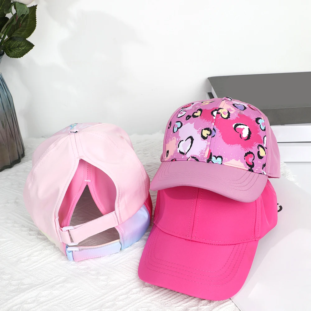 Gorra de béisbol con cola de caballo alta para niños y niñas, gorro de viaje para el sol, ajustable, con visera, parte trasera hueca