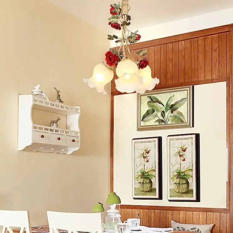 Pastoral Style Dining Room Chandelier Handmade Iron Red Rose 3 Heads, Small Dining Room Bedroom Lamp