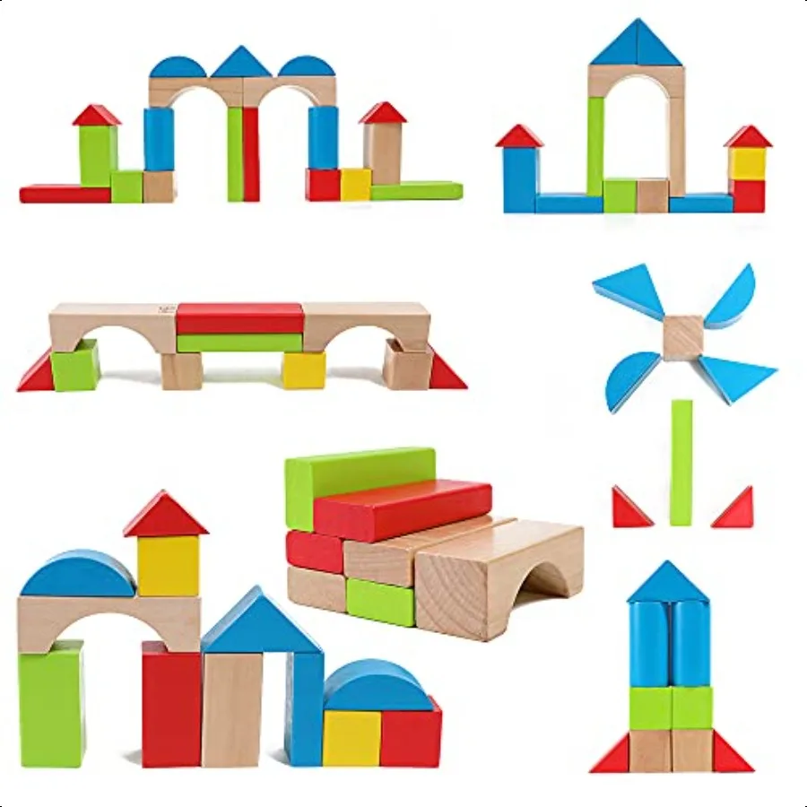 Hape Maple Wood Building Blocks Stacking Wooden Block Educational Toy Set for Toddlers 50 Brightly Colored Pieces in Assorted S