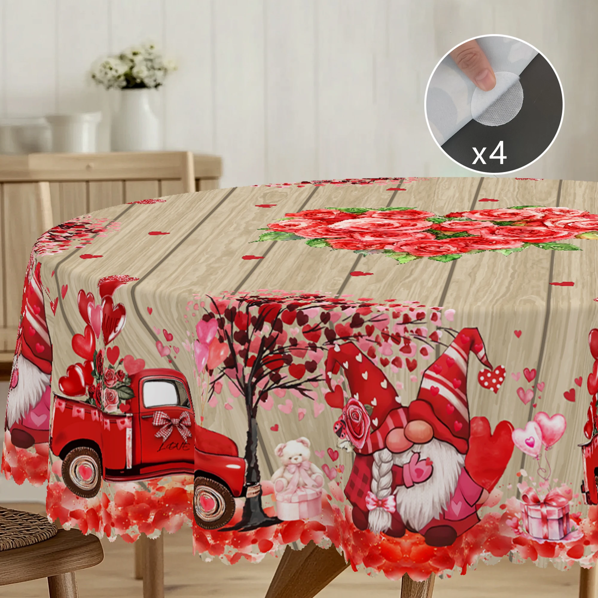 1 Piece Valentine\'s Day Round Tablecloth, 5 Sizes Available, Love Dwarf Wood Panel Pattern Tablecloth, Matching 4 Tablecloth Stickers, Edge