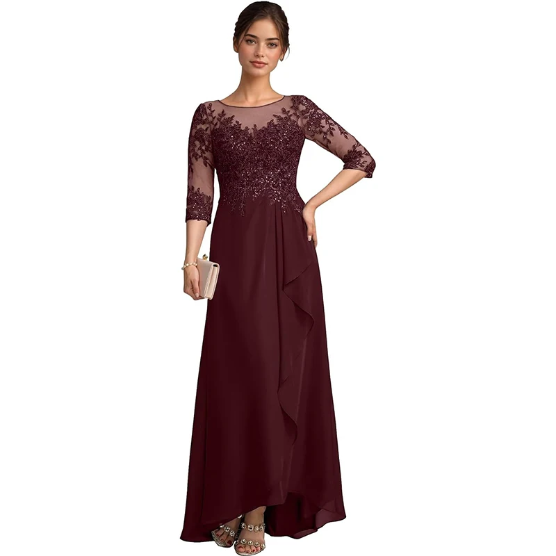 

Long Mother of The Bride Dresses for Wedding Chiffon Ankle Length 3/4 Sleeve A-Line Formal Party Gown