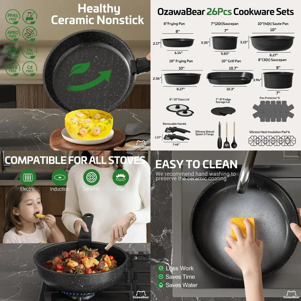 

Non-Stick Ceramic Cookware Set, 26-Piece, Detachable Handles, Healthy Oven-Safe Induction Cookware, PFAS/PFOA/PTFE Free, Black