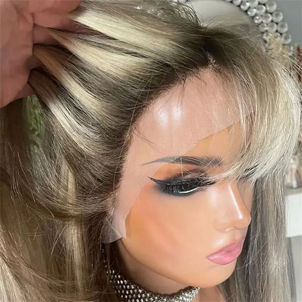 

Светло-пепельно-русый мелирование Корни теней Роскошный HD парик фронта шнурка Предварительно выщипанный Реалистичный объемный волнистый синтетический парик Брюнеттовое волокно