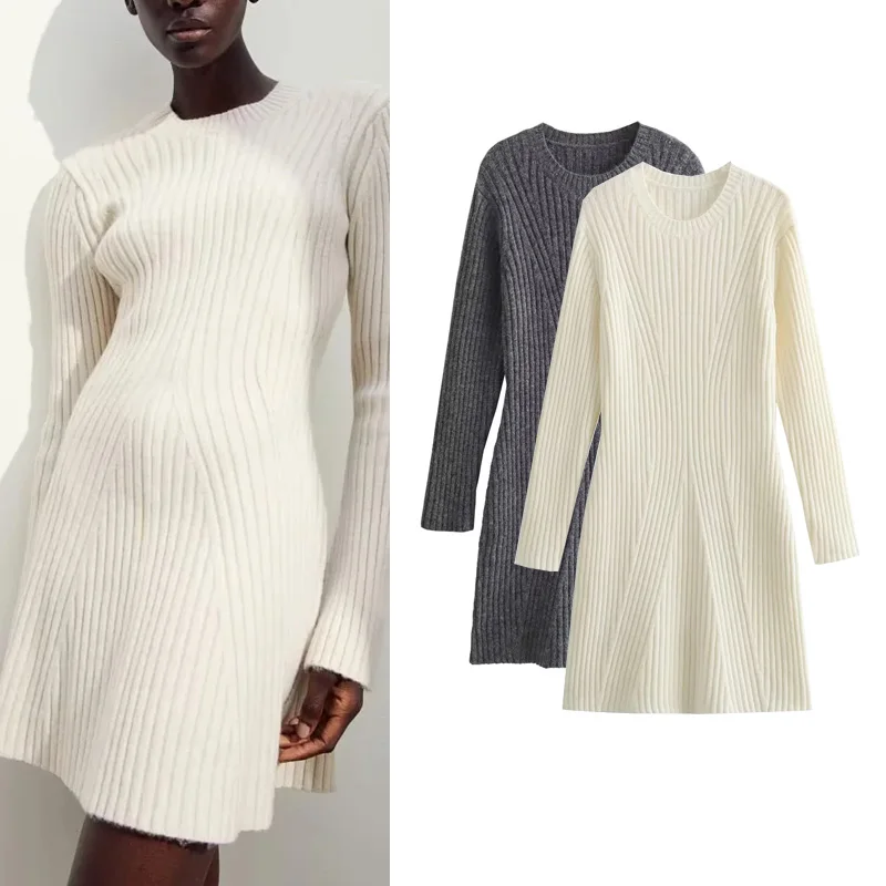 Autumn Winter Women's Long Sve Knitted Dr Slim Fit round Ne Sweater Dr Casual High Waist A-Line Polyester Fiber