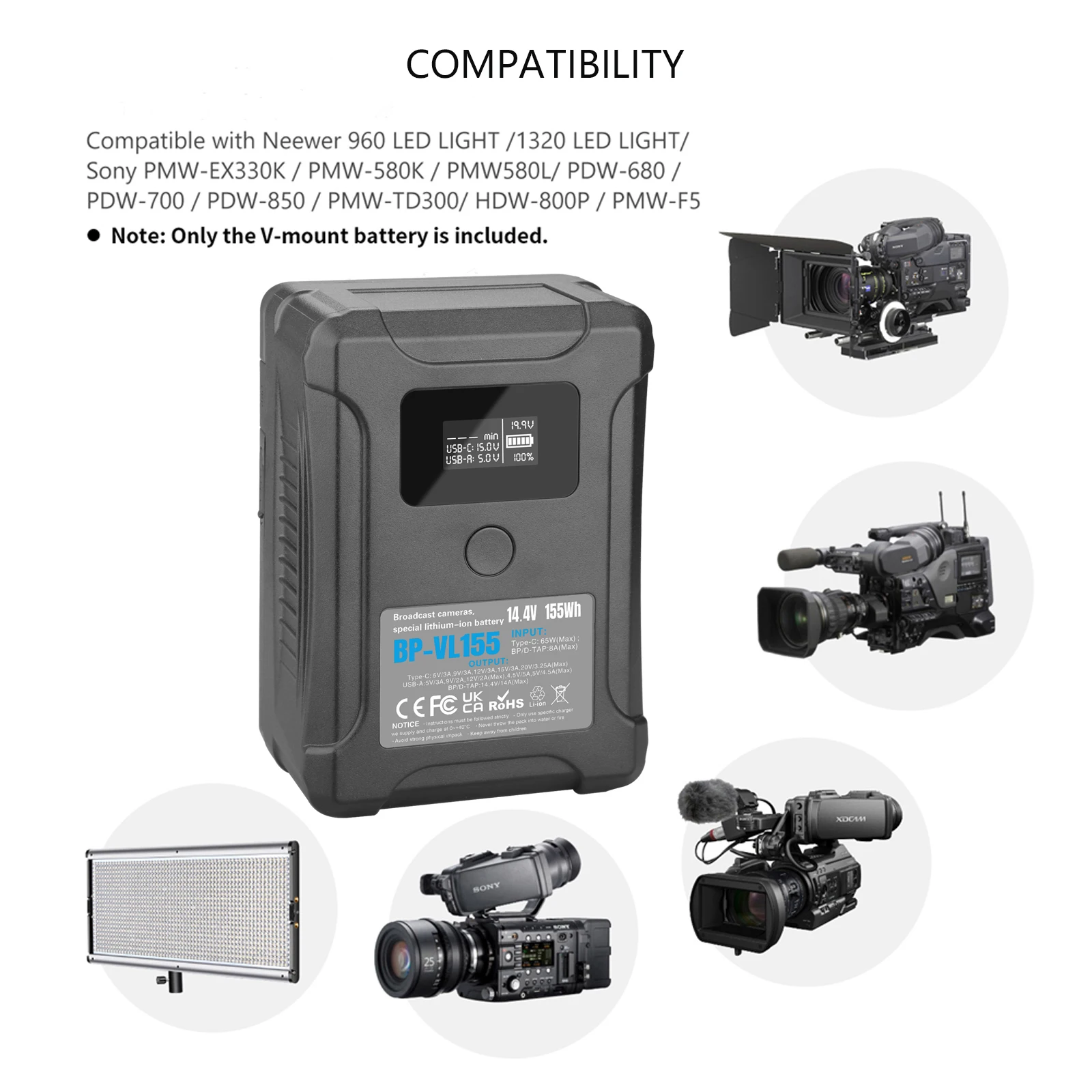 BP-VL155 V Mount Battery/V Lock Battery w Type-C/D-TAP Input/Output For Sony HDCAM, XDCAM, Digital Cinema Cameras